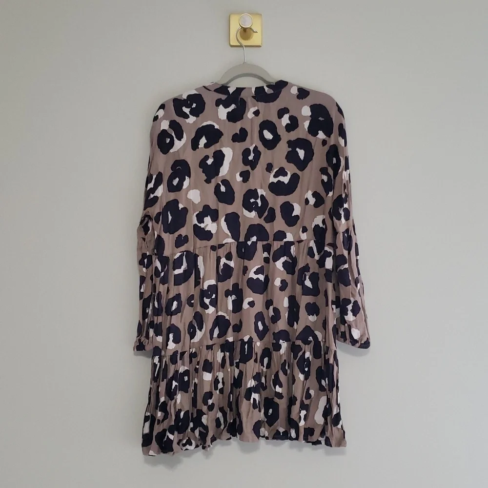 Mud Pie Cow Print Mini Shirtdress Small Tan Black Long Sleeve Tier Babydoll